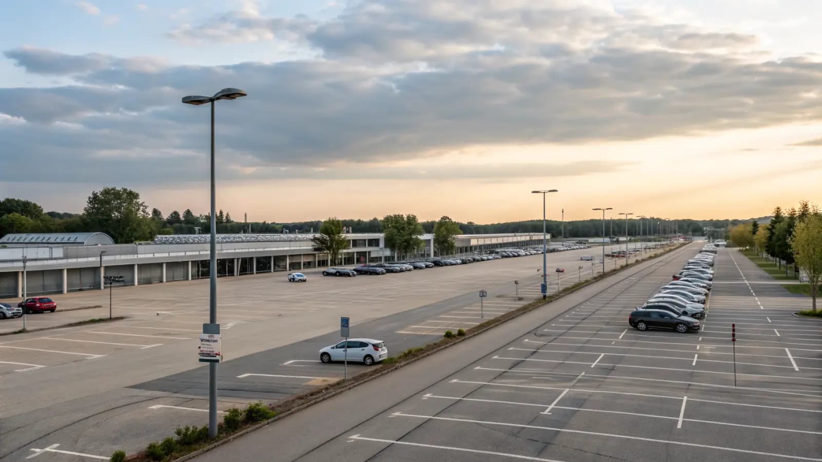 Weite, geordnete Parkfläche im Morgenlicht (illustrative Szene)