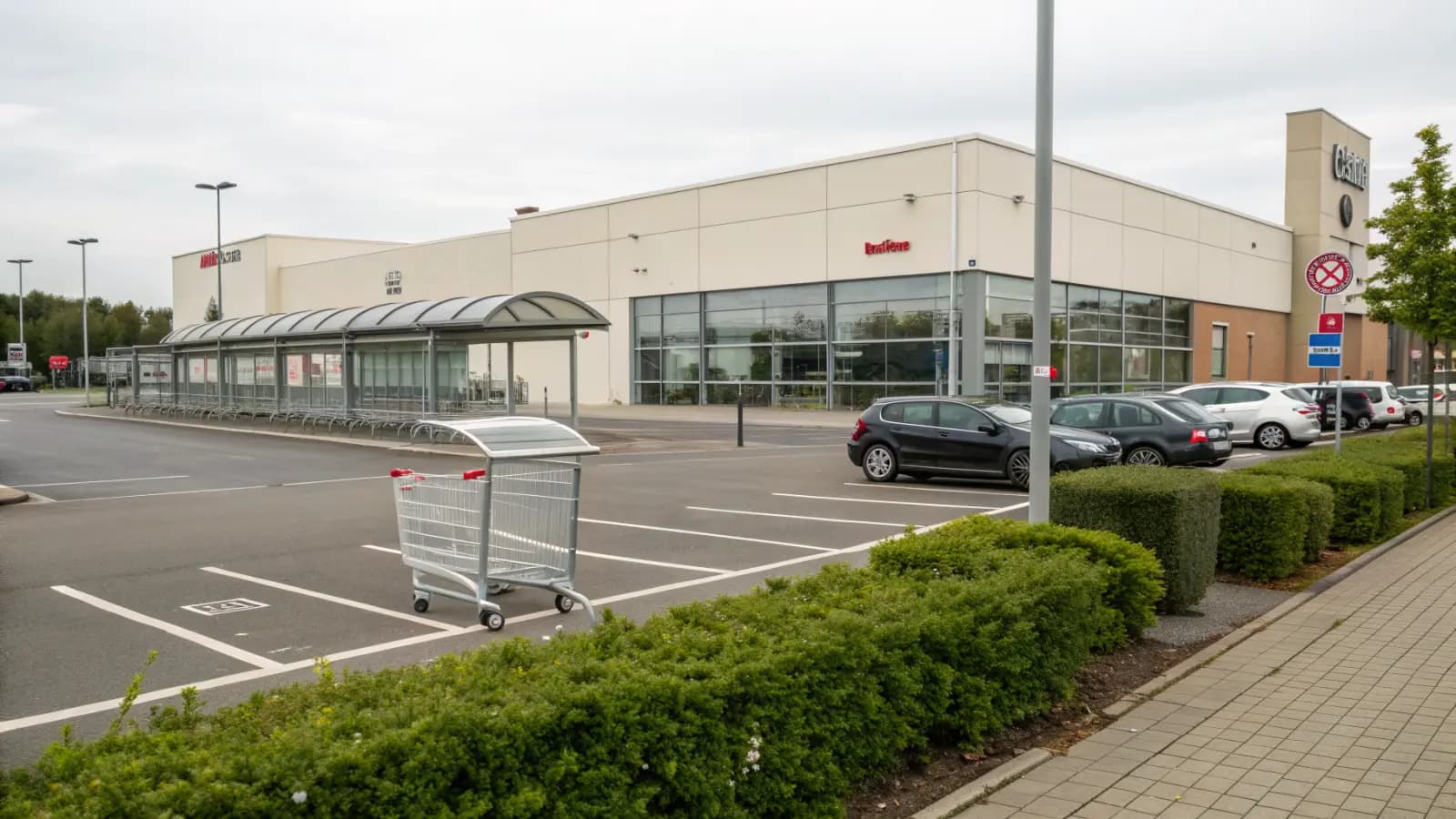 Kundenparkplatz vor einem Supermarkt bei Tageslicht (illustrative Szene)