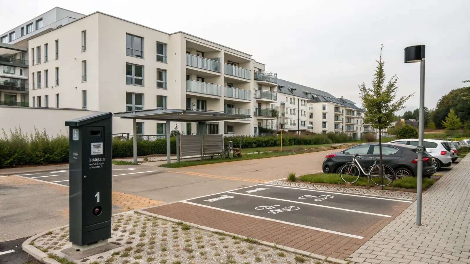 Stellplätze einer modernen Wohnanlage mit Mehrfamilienhäusern (illustrative Szene)